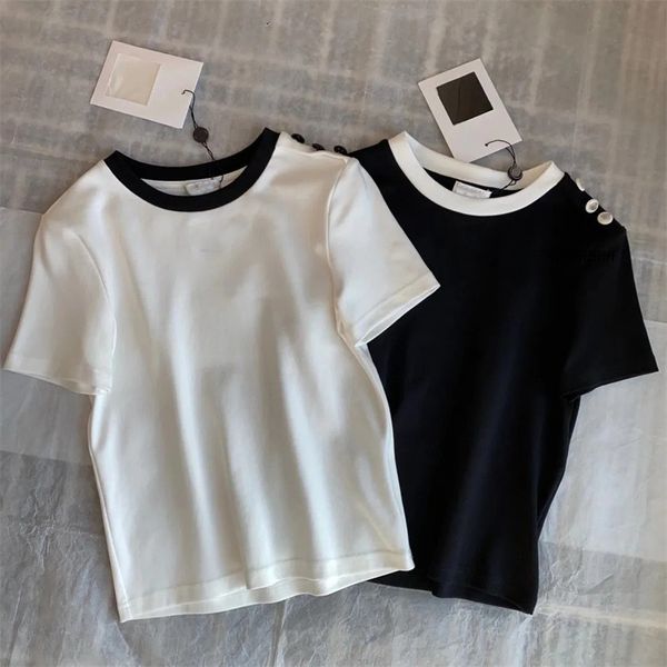 T-shirt das mulheres manga curta blusa top casual carta magro menina preto botão branco camisas moda 22ss algodão de alta qualidade