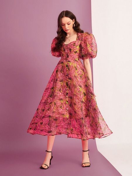 

x elle rebel floral sweetheart neck puff sleeve organza dress c874#, Black;gray