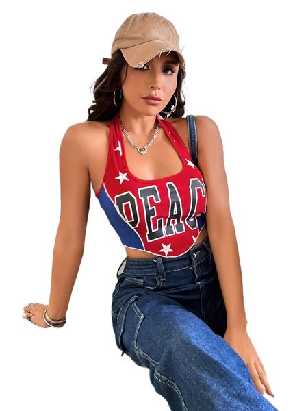 

star & letter graphic curved hem halter l1dk#, White