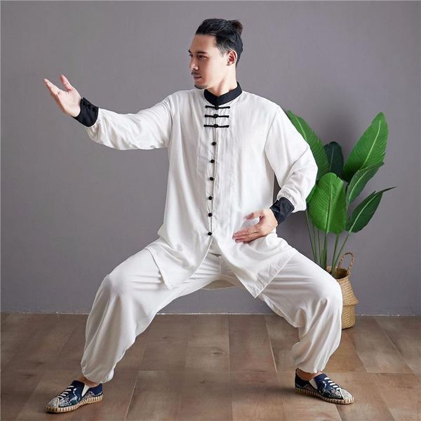 Testeiras masculinas de estilo chinês Men Men algodão antigo e linho camisa longa calça de tang roupas zen lotes tai chi prática roupas de roupa