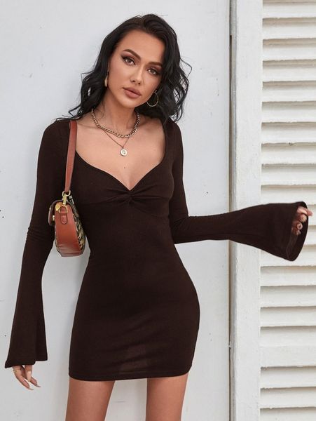 

twist front flounce sleeve bodycon dress u9po#, Black;gray