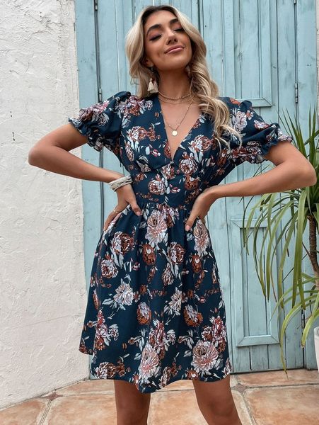 

floral print puff sleeve dress n39v#, Black;gray