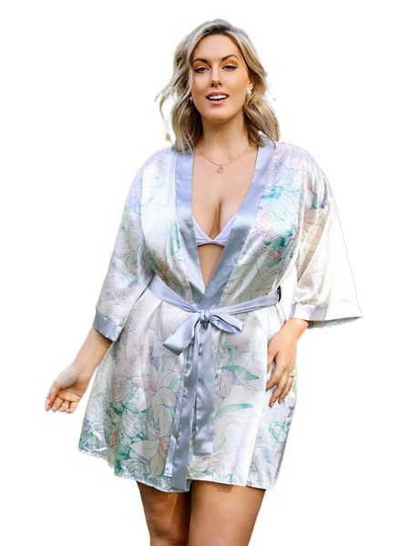 

plus floral print belted satin robe 5191#, Black;white