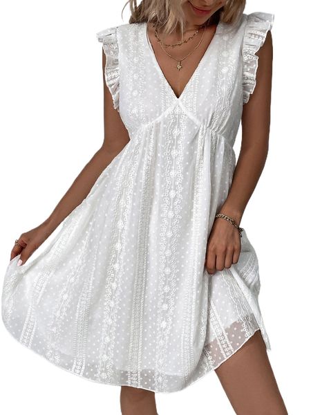 

floral embroidery ruffle sleeve smock dress v1vn#, Black;gray