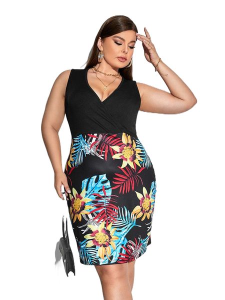 

plus tropical print overlap collar dress o3v9#, Black