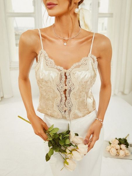 

contrast lace button front satin cami v368#, White