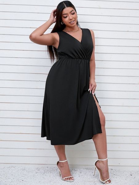 

plus solid surplice front split thigh dress d6iy#, Black