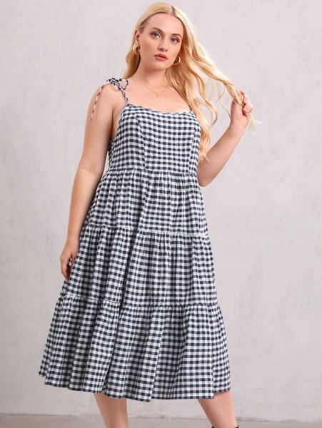

plus gingham tie shoulder flounce hem dress 65aj#, Black