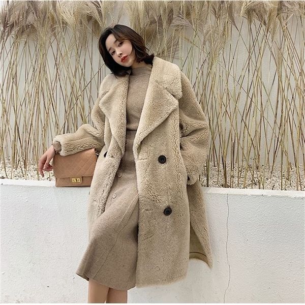 

obrix winter straight female 100% sheep wool v-neck double breasted casual full sleeve streetwear fashionable fur coat for women 201214, Black