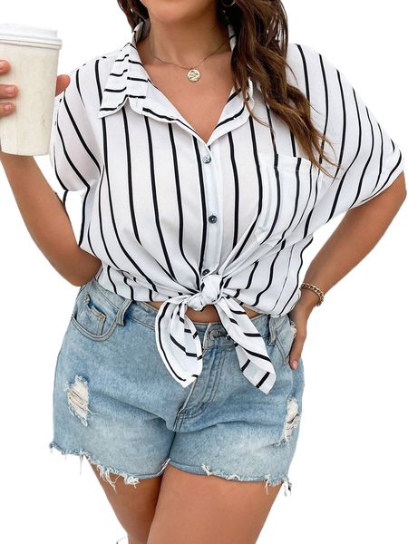 

plus striped print pocket patched shirt o8iv#, Black
