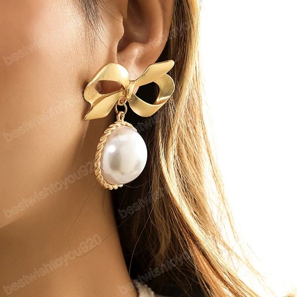 

elegant bow knot with pearl pendant earrings for women trendy wedding dangle earrings fashion ladies hanging earring jewelry, Silver