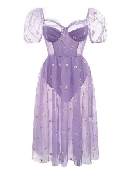 

floral print mesh overlay bodysuit insert dress r27p#, Black;gray