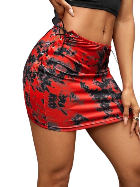 

tie dye grommet eyelet lace up skirt y44r#, Black