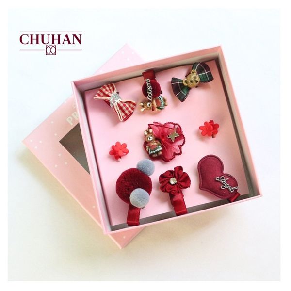 

chuhan wholesale girls headwear children cute cartoon cloth hairpin rabbit ear set gift box 9 sets hair accessories j416 lj201226, Slivery;white