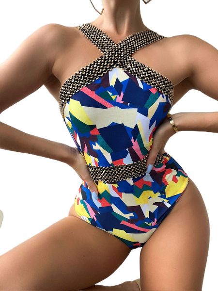 

random allover print stitch detail crisscross one piece swimsuit e02j#, White;black