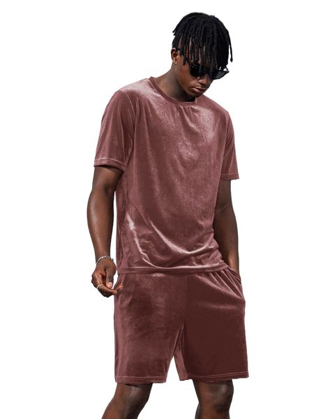 

men velvet tee & drawstring waist shorts 74yp#, Gray