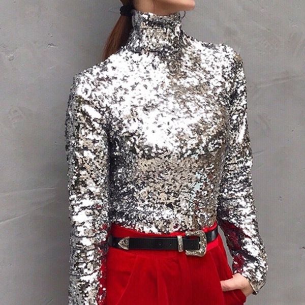 

lanmrem spring fashion women turtleneck full sleeves sequins slim tshirt femael sliver brling wc83910s y200109, White