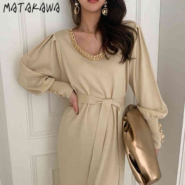 

lantern sleeve knitted dress women korea spring elegant vneck robe buckle stitching vestidos loose lace waist 210506, Black;gray