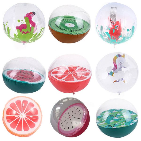 40 cm transparenter PVC-Strandballon, mit Cartoon-Früchten gefüllter aufblasbarer Ball, Einhorn, Krabbe, Wassermelone, Orange, Kiwi, Wasserballons, schwimmfähig für Schwimmbad