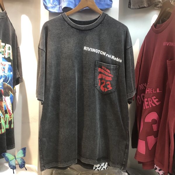 

wine red washed do old printed men women oversized short sleeve pocket t-shirt 22ss, Black;brown