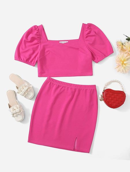 

teen girls puff sleeve crop & skirt she, White