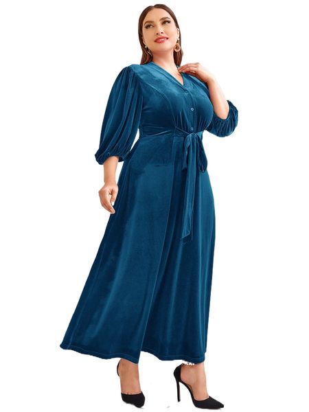 

plus lantern sleeve button front belted velvet dress 94yp#, Black