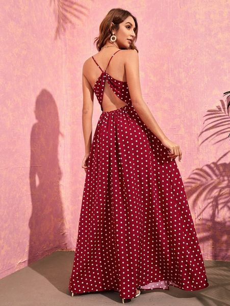 

polka dot cut out back wrap hem cami dress y3ya#, Black;gray