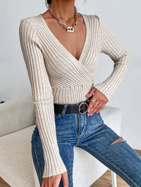 

ribbed knit surplice neck sweater e4jx#, White;black