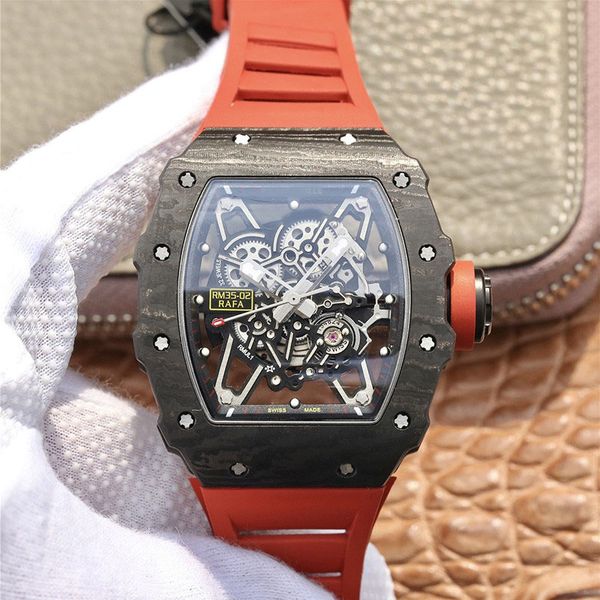 Designer Relógio V3 RM035-02 Caso de fibra de carbono NTPT real NH05A Automático Relógio de Squeleto Dial Edição Vermelho Strapra de borracha Men Qualidade Safira Esporte Relógios de pulso