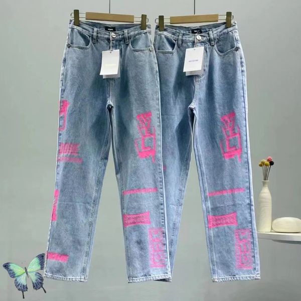 

straight loose denim jeans printed fluorescent graffiti trousers pants, Blue