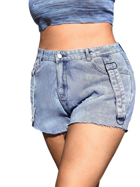 

plus buckle detail zip fly denim shorts o109#, White;black