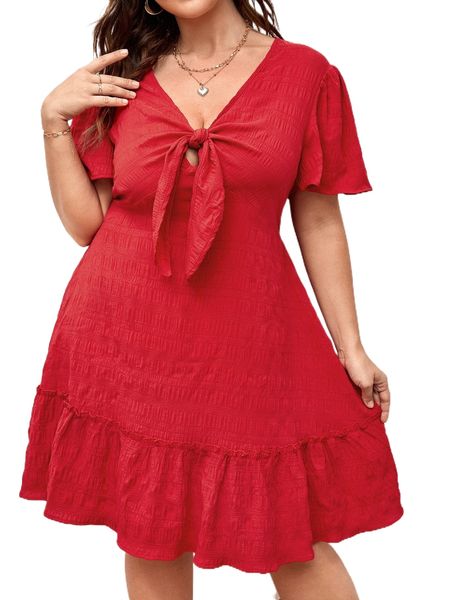 

plus tie front ruffle hem dress r04t#, Black