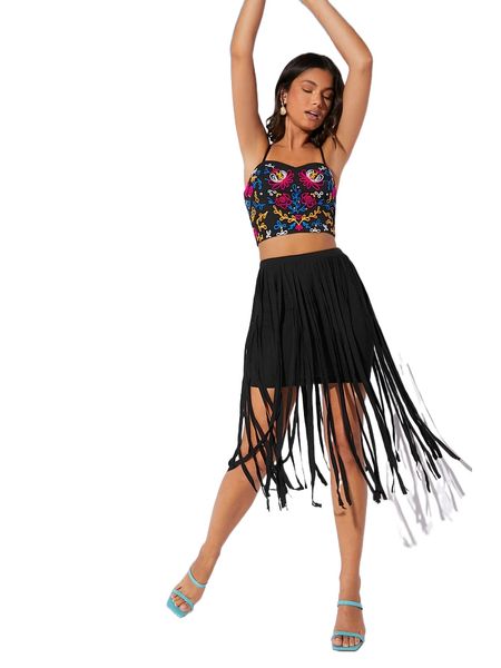 

high waist fringe trim skirt q0id#, Black