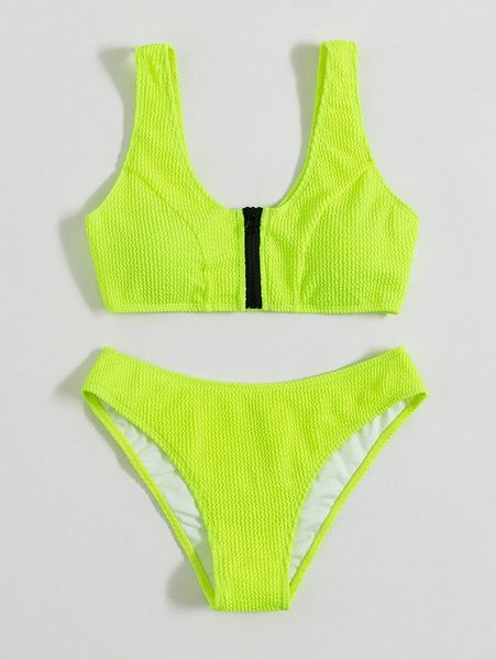 

textured zip front bikini swimsuit c3py#, White;black