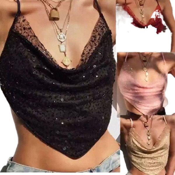 

european and american women's 2021 summer new fashion v-neck condole with chest wrap and backless low-cut sequin vest y7xy#, White