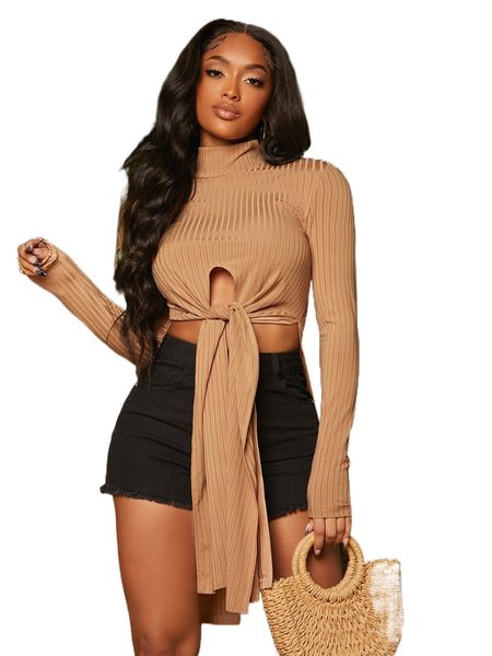 

sxy high neck knotted front high low rib-knit u0qq#, White