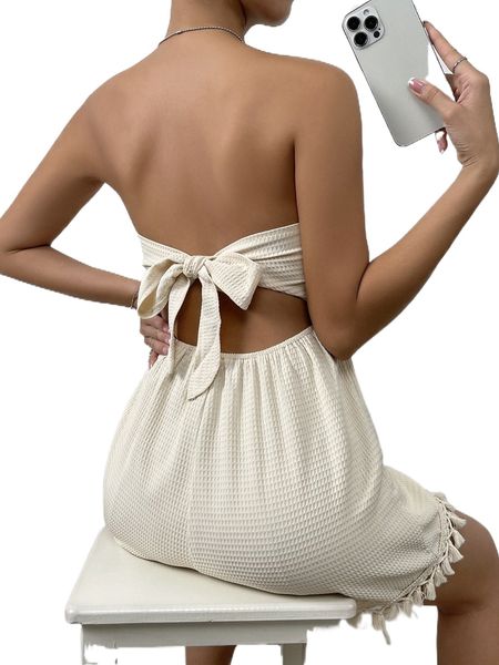 

backless knot tassel hem textured tube romper f5oc#, Black;white