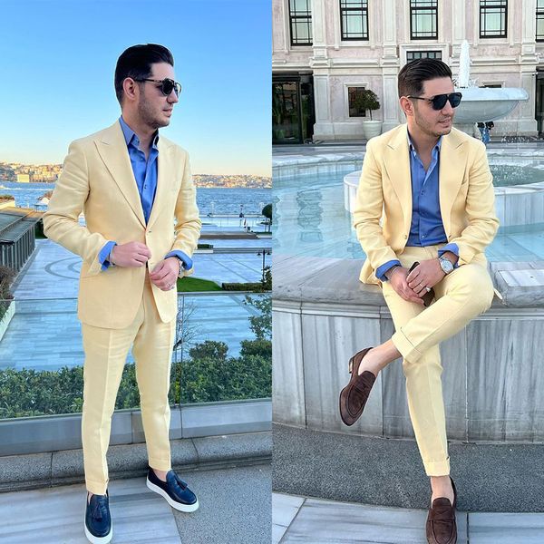 

light yellow men wedding tuxedos slim fit pants suits handsome groom prom party formal outfit 2 pieces, Black;gray