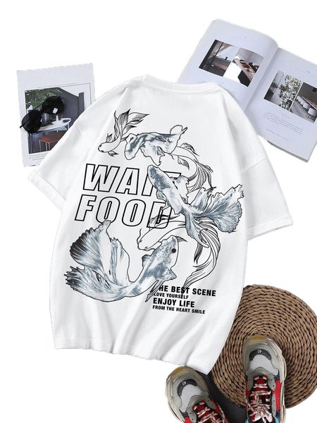 

men slogan & fish print tee m5r9#, White;black