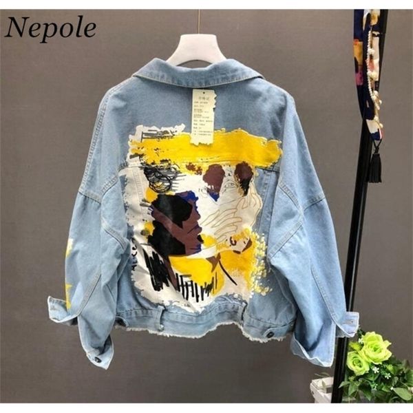 

neploe handpainted pattern chic coat letters print cool girl denim jacket spring autumn fashion pockets bf outwear 69604 y200101, Black;brown