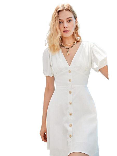 

p.uff s.leeve plicated detail b.utton f.ront d.ress g8ge#, Black;gray