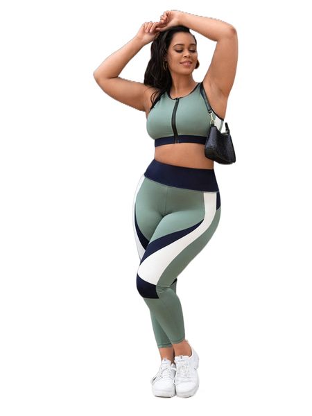

plus colorblock zip up sports set w8is#, Black