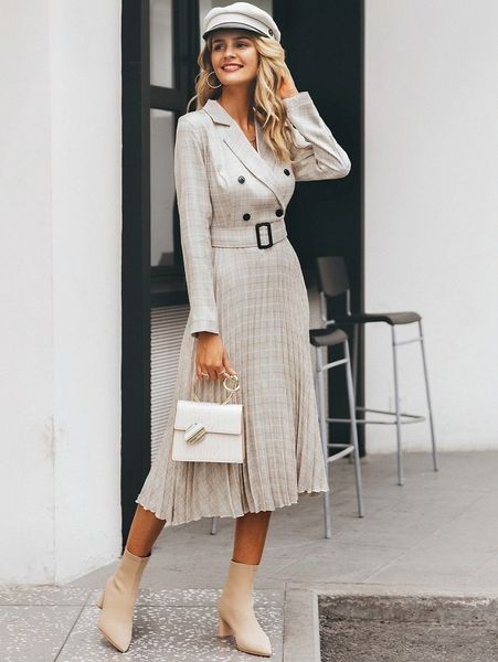 

simplee plaid double button pleated hem buckle belted dress i0fj#, Black;gray