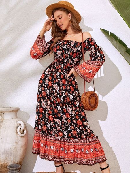 

floral print shirred off shoulder ruffle hem dress 653t#, Black;gray