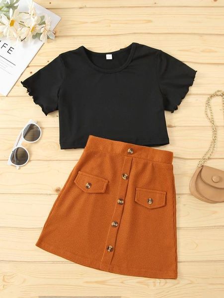 

girls lettuce trimed tee & single breasted skirt she, White