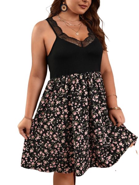 

plus floral print contrast lace cami dress 07ee#, Black