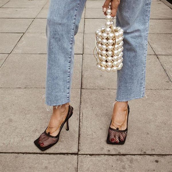 

- vintage square toe stretch pumps women gold chain high heels shoes women air mesh designer women's shoes205j, Black