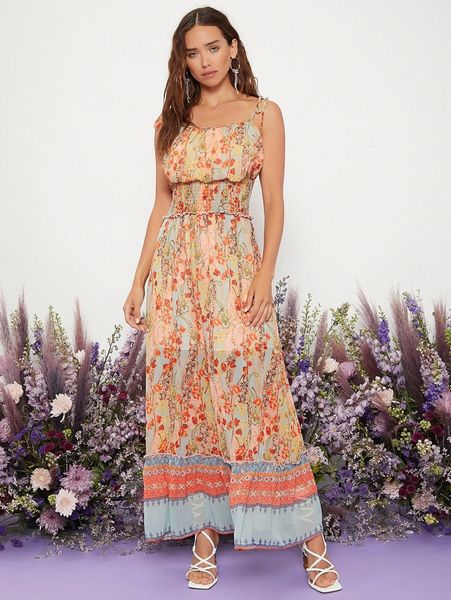 

botanical print shirred waist slip dress g3d8#, Black;gray