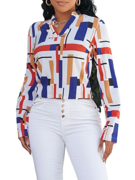 

geo print notched neck blouse u5xx#, White