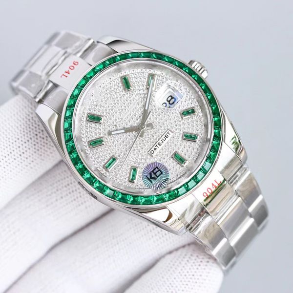 

men's crystal diamond date watch 2824 stable movement power 72-h 904 stainless steel strap sapphire glass, Slivery;brown